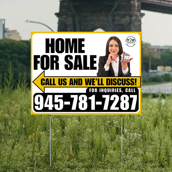 Home For Sale - Arrow with Realtor Image and Logo - Plain Mustard Gold White Design - YardSigns.com