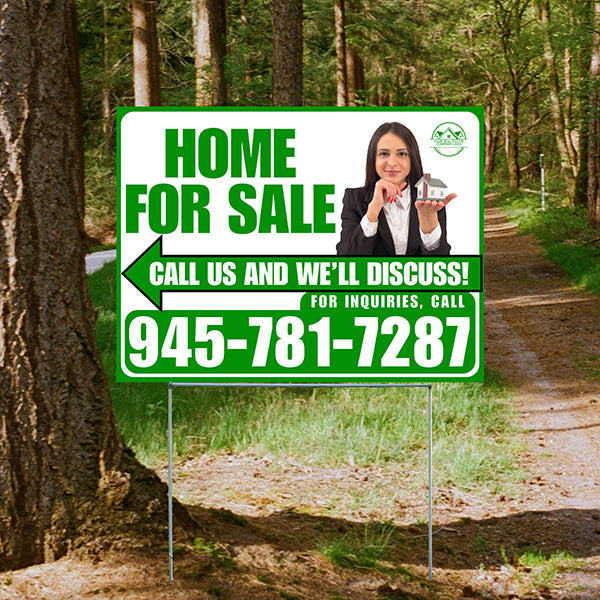 Home For Sale - Arrow with Realtor Image and Logo - Plain Green White Design - YardSigns.com