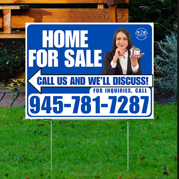 Home For Sale - Arrow with Realtor Image and Logo - Plain White Blue Design - YardSigns.com