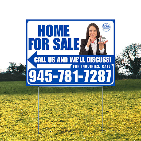 Home For Sale - Arrow with Realtor Image and Logo - Plain Blue White Design - YardSigns.com
