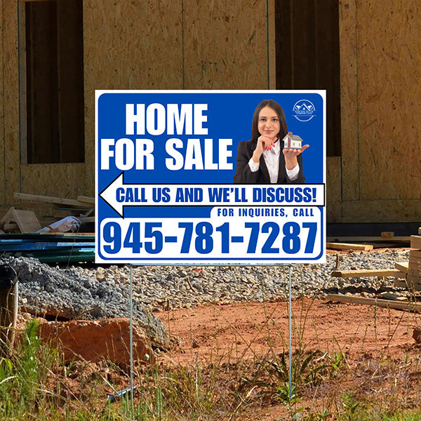 Home For Sale - Arrow with Realtor Image and Logo - Plain White Blue Design - YardSigns.com