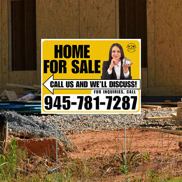 Home For Sale - Arrow with Realtor Image and Logo - Plain White Mustard Gold Design - YardSigns.com