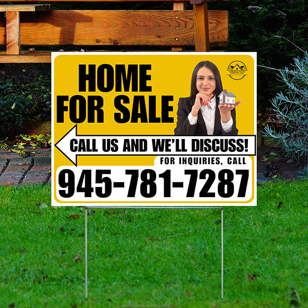 Home For Sale - Arrow with Realtor Image and Logo - Plain White Mustard Gold Design - YardSigns.com