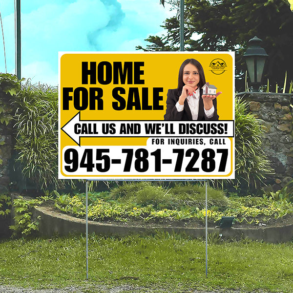 Home For Sale - Arrow with Realtor Image and Logo - Plain White Mustard Gold Design - YardSigns.com