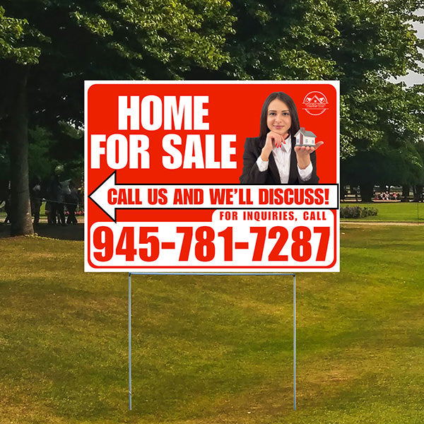 Home For Sale - Arrow with Realtor Image and Logo - Plain White Chili Red Design - YardSigns.com