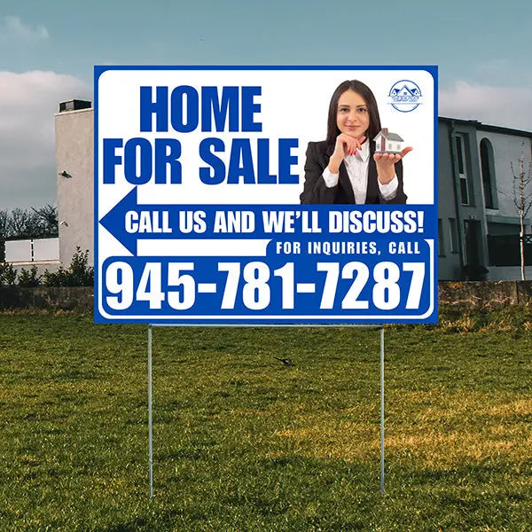 Home For Sale - Arrow with Realtor Image and Logo - Plain Blue White Design - YardSigns.com