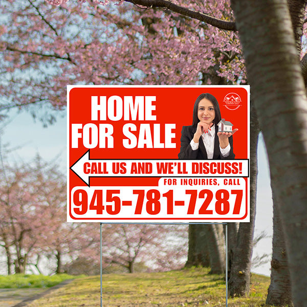 Home For Sale - Arrow with Realtor Image and Logo - Plain White Chili Red Design - YardSigns.com