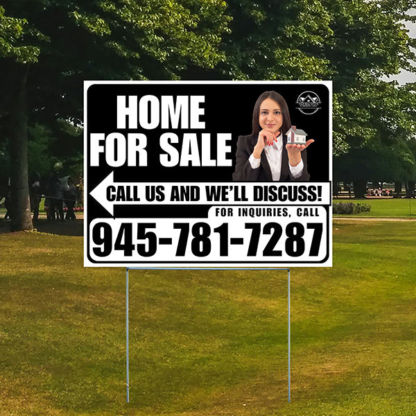 Home For Sale - Arrow with Realtor Image and Logo - Plain White Black Design - YardSigns.com
