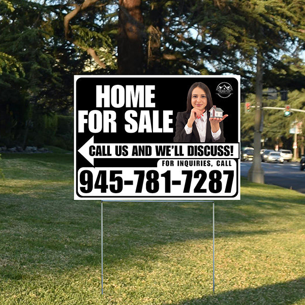 Home For Sale - Arrow with Realtor Image and Logo - Plain White Black Design - YardSigns.com