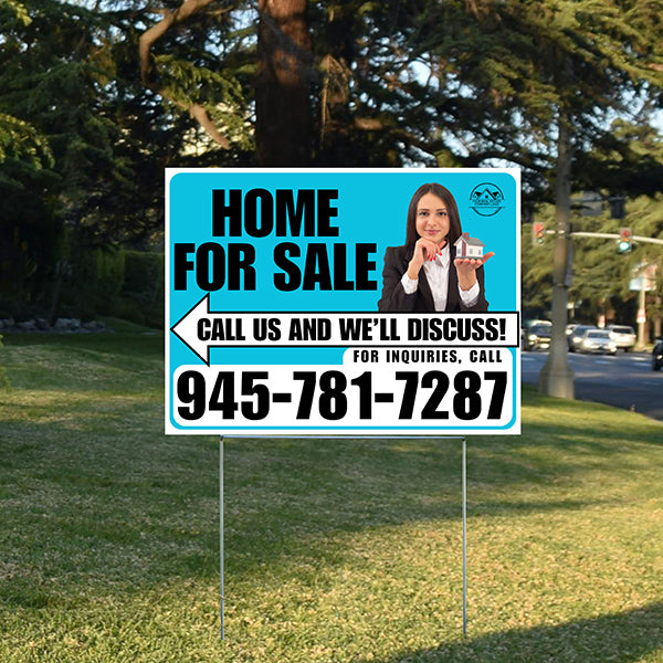 Home For Sale - Arrow with Realtor Image and Logo - Plain White Aqua Blue Design - YardSigns.com