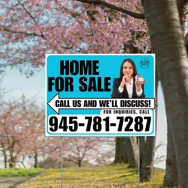 Home For Sale - Arrow with Realtor Image and Logo - Plain White Aqua Blue Design YardSigns.com