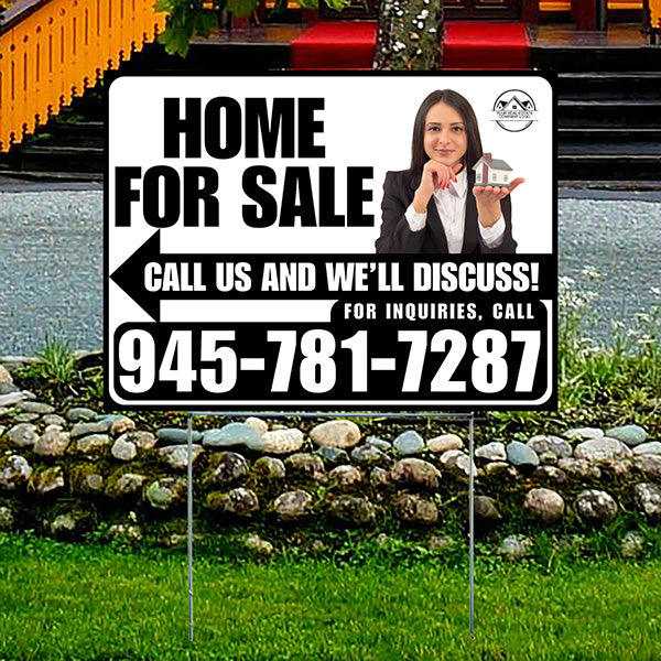 Home For Sale - Arrow with Realtor Image and Logo - Plain Black White Design - YardSigns.com