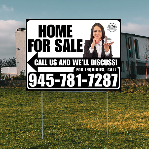 Home For Sale - Arrow with Realtor Image and Logo - Plain Black White Design - YardSigns.com