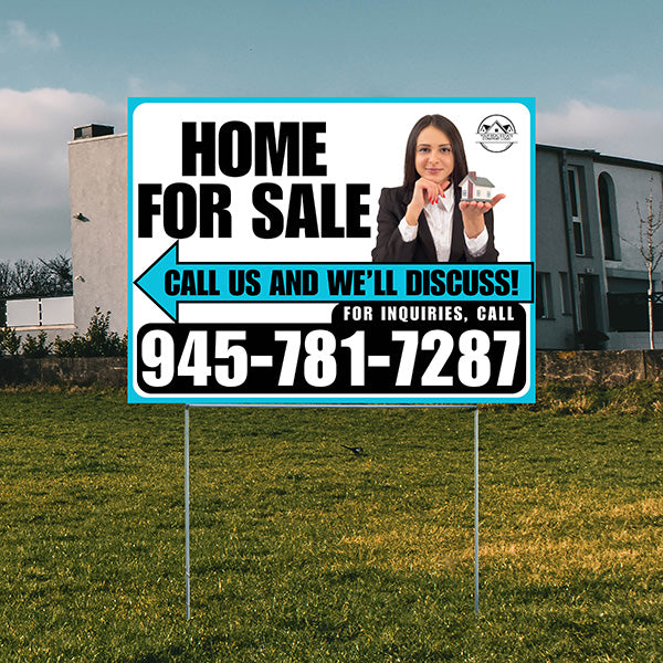 Home For Sale - Arrow with Realtor Image and Logo - Plain Aqua Blue White Design - YardSigns.com