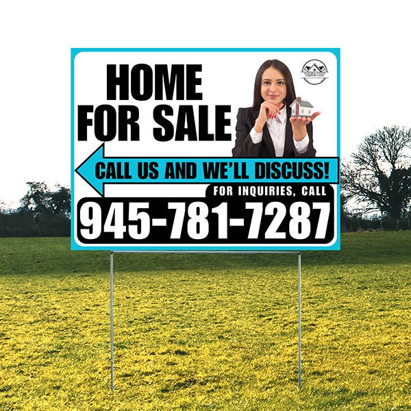 Home For Sale - Arrow with Realtor Image and Logo - Plain Aqua Blue White Design - YardSigns.com