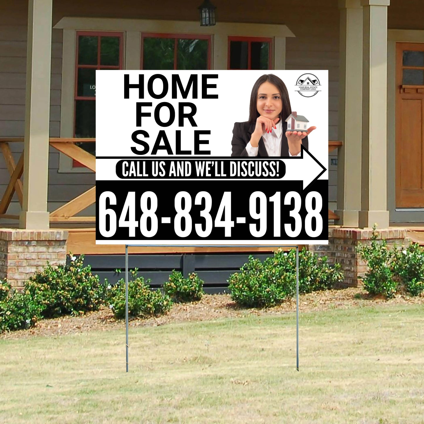 Home For Sale - Arrow with Realtor Image and Logo - Plain White Black Design YardSigns.com
