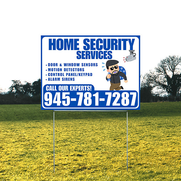 Home Security Services - Door & Window Sensors, Motion Detectors, Control Panel/Keypad, Alarm Sirens - Plain Blue White Design - YardSigns.com