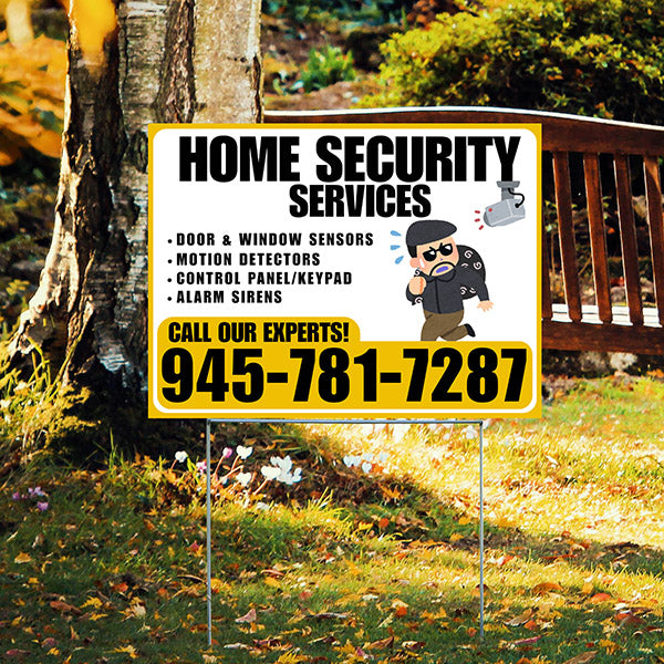 Home Security Services - Door & Window Sensors, Motion Detectors, Control Panel/Keypad, Alarm Sirens - Plain Mustard Gold White Design - YardSigns.com
