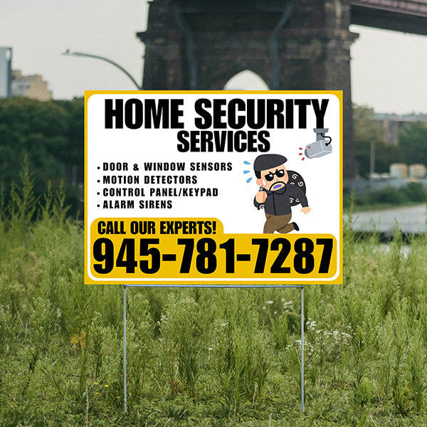Home Security Services - Door & Window Sensors, Motion Detectors, Control Panel/Keypad, Alarm Sirens - Plain Mustard Gold White Design - YardSigns.com