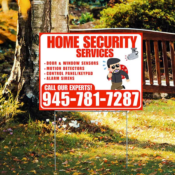 Home Security Services - Door & Window Sensors, Motion Detectors, Control Panel/Keypad, Alarm Sirens - Plain Chili Red White Design - YardSigns.com