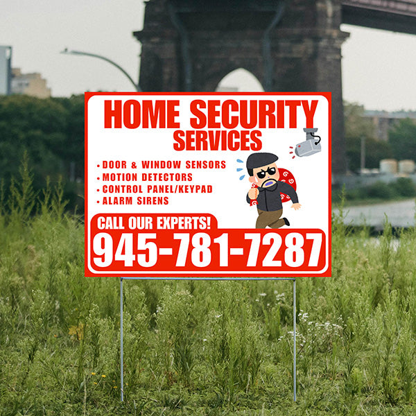Home Security Services - Door & Window Sensors, Motion Detectors, Control Panel/Keypad, Alarm Sirens - Plain Chili Red White Design - YardSigns.com