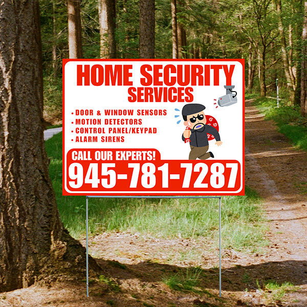 Home Security Services - Door & Window Sensors, Motion Detectors, Control Panel/Keypad, Alarm Sirens - Plain Chili Red White Design - YardSigns.com