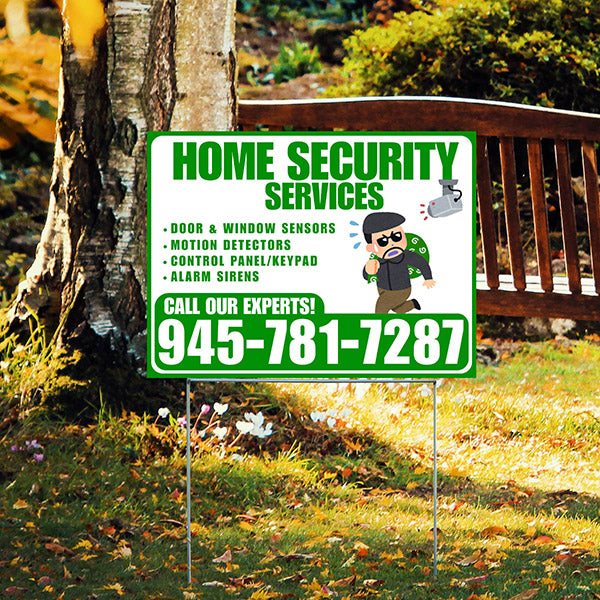 Home Security Services - Door & Window Sensors, Motion Detectors, Control Panel/Keypad, Alarm Sirens - Plain Green White Design - YardSigns.com