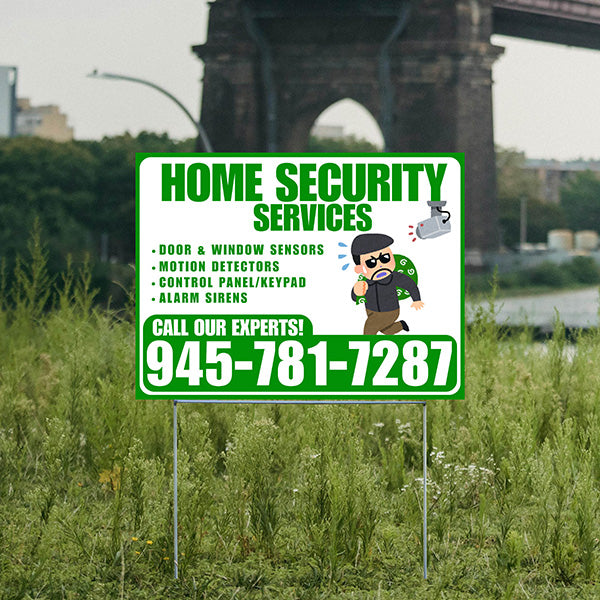 Home Security Services - Door & Window Sensors, Motion Detectors, Control Panel/Keypad, Alarm Sirens - Plain Green White Design - YardSigns.com