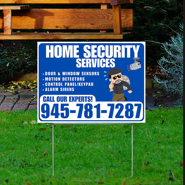 Home Security Services - Door & Window Sensors, Motion Detectors, Control Panel/Keypad, Alarm Sirens - Plain White Blue Design - YardSigns.com
