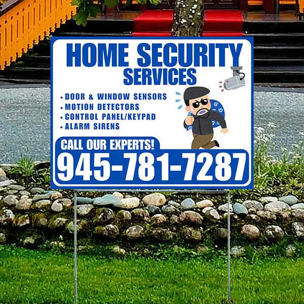 Home Security Services - Door & Window Sensors, Motion Detectors, Control Panel/Keypad, Alarm Sirens - Plain Blue White Design - YardSigns.com
