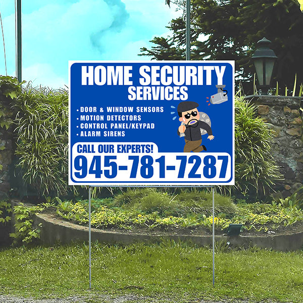 Home Security Services - Door & Window Sensors, Motion Detectors, Control Panel/Keypad, Alarm Sirens - Plain White Blue Design - YardSigns.com