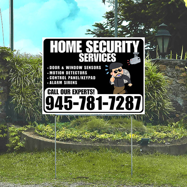 Home Security Services - Door & Window Sensors, Motion Detectors, Control Panel/Keypad, Alarm Sirens - Plain White Black Design - YardSigns.com