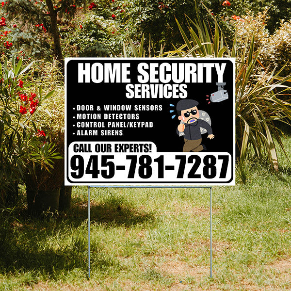 Home Security Services - Door & Window Sensors, Motion Detectors, Control Panel/Keypad, Alarm Sirens - Plain White Black Design - YardSigns.com