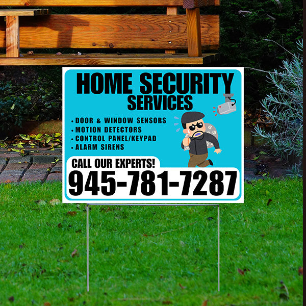 Home Security Services - Door & Window Sensors, Motion Detectors, Control Panel/Keypad, Alarm Sirens - Plain White Aqua Blue Design - YardSigns.com