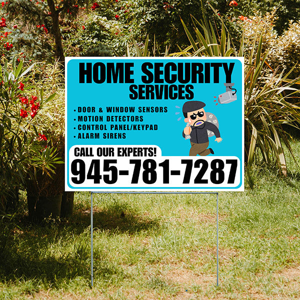 Home Security Services - Door & Window Sensors, Motion Detectors, Control Panel/Keypad, Alarm Sirens - Plain White Aqua Blue Design - YardSigns.com