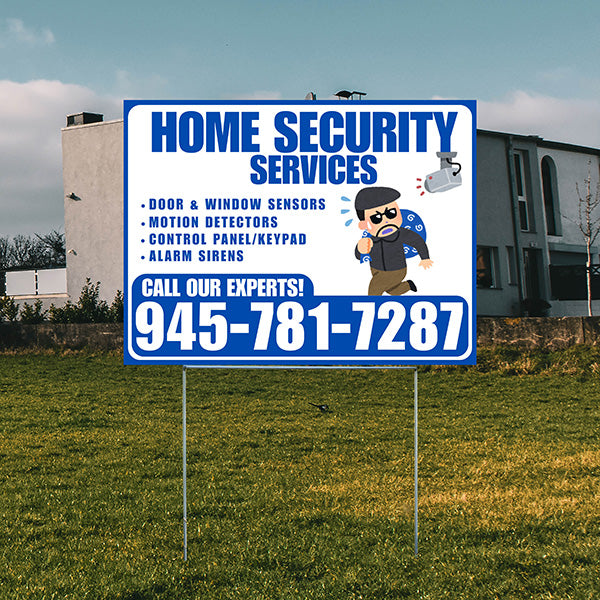 Home Security Services - Door & Window Sensors, Motion Detectors, Control Panel/Keypad, Alarm Sirens - Plain Blue White Design - YardSigns.com