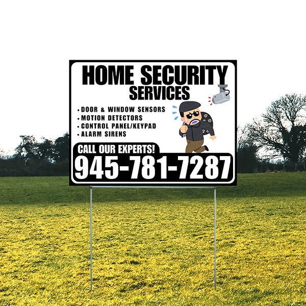 Home Security Services - Door & Window Sensors, Motion Detectors, Control Panel/Keypad, Alarm Sirens - Plain Black White Design - YardSigns.com