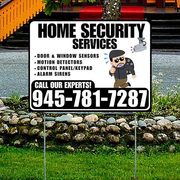 Home Security Services - Door & Window Sensors, Motion Detectors, Control Panel/Keypad, Alarm Sirens - Plain Black White Design - YardSigns.com