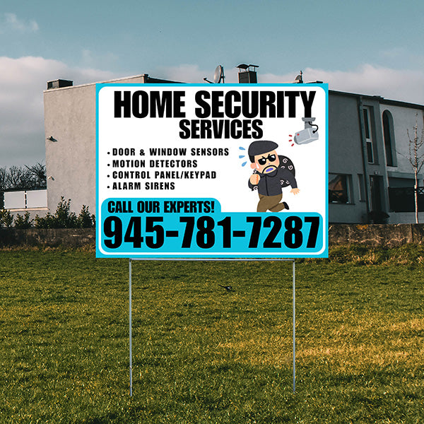 Home Security Services - Door & Window Sensors, Motion Detectors, Control Panel/Keypad, Alarm Sirens - Plain Aqua Blue White Design - YardSigns.com