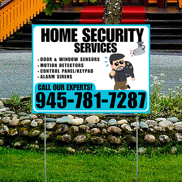 Home Security Services - Door & Window Sensors, Motion Detectors, Control Panel/Keypad, Alarm Sirens - Plain Aqua Blue White Design - YardSigns.com