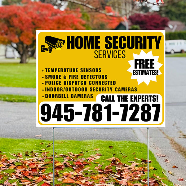 Home Security Services - Temperature Sensors, Smoke & Fire Detectors, Police Dispatch Connected, Indoor/Outdoor Security Cameras, Doorbell Cameras - Free Estimates - Plain Mustard Gold White Design - YardSigns.com