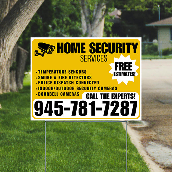 Home Security Services - Temperature Sensors, Smoke & Fire Detectors, Police Dispatch Connected, Indoor/Outdoor Security Cameras, Doorbell Cameras - Free Estimates - Plain Mustard Gold White Design - YardSigns.com