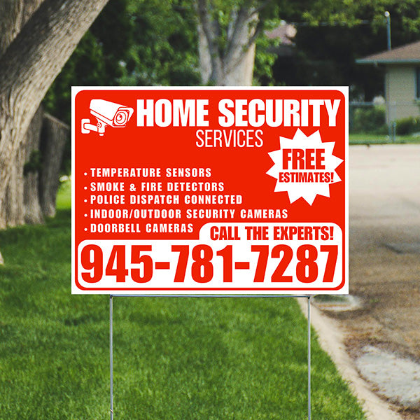 Home Security Services - Temperature Sensors, Smoke & Fire Detectors, Police Dispatch Connected, Indoor/Outdoor Security Cameras, Doorbell Cameras - Free Estimates - Plain Chili Red White Design - YardSigns.com