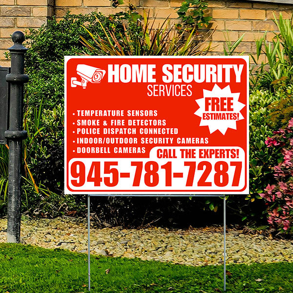 Home Security Services - Temperature Sensors, Smoke & Fire Detectors, Police Dispatch Connected, Indoor/Outdoor Security Cameras, Doorbell Cameras - Free Estimates - Plain Chili Red White Design - YardSigns.com