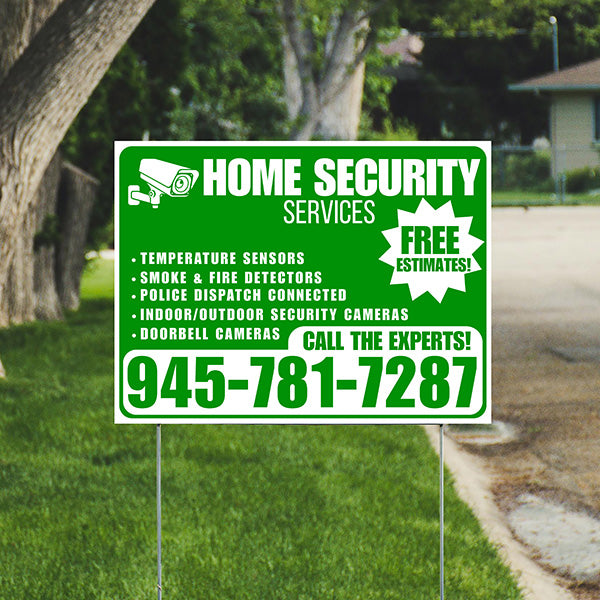 Home Security Services - Temperature Sensors, Smoke & Fire Detectors, Police Dispatch Connected, Indoor/Outdoor Security Cameras, Doorbell Cameras - Free Estimates - Plain Green White Design - YardSigns.com