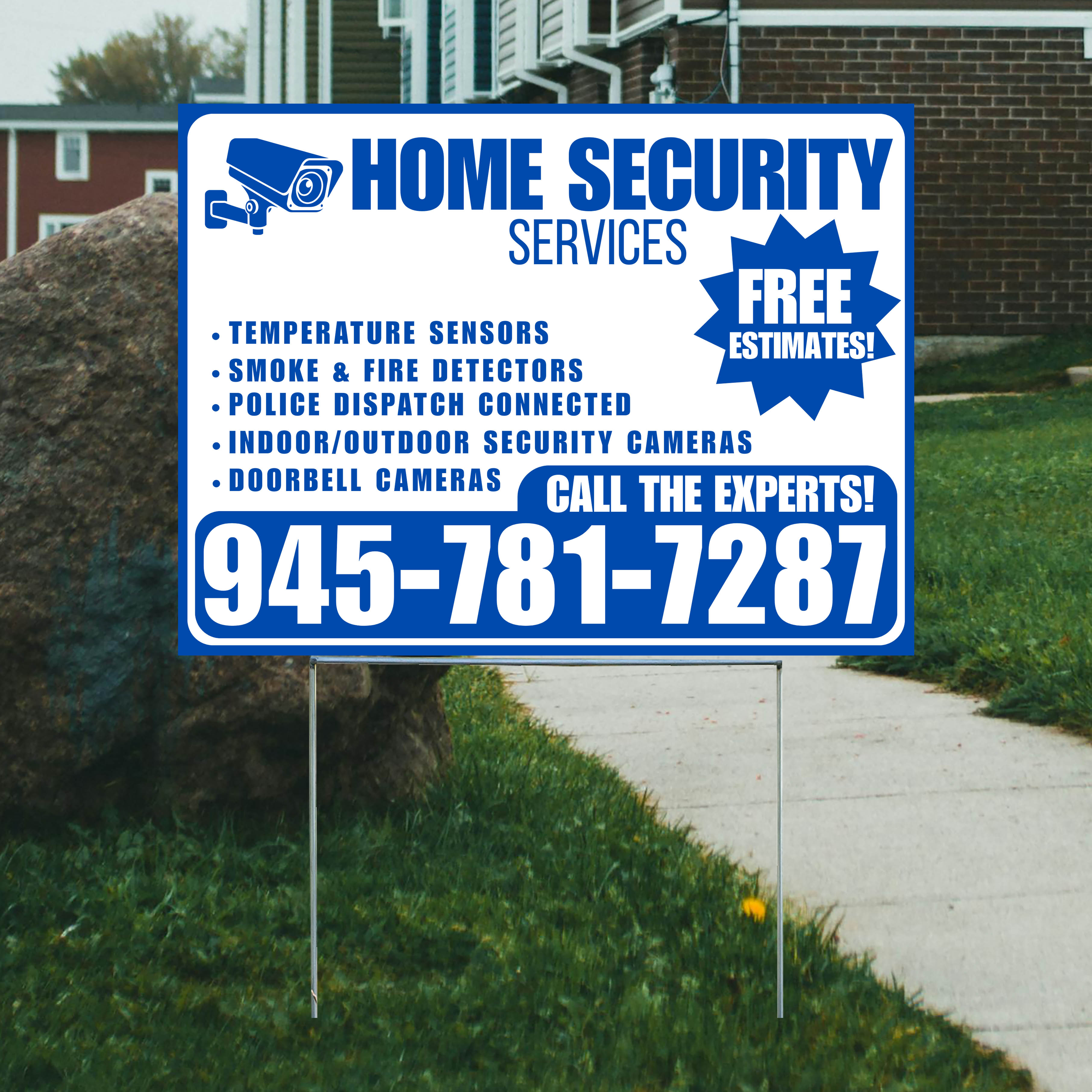 Home Security Services - Temperature Sensors, Smoke & Fire Detectors, Police Dispatch Connected, Indoor/Outdoor Security Cameras, Doorbell Cameras - Free Estimates - Plain White Blue Design - YardSigns.com