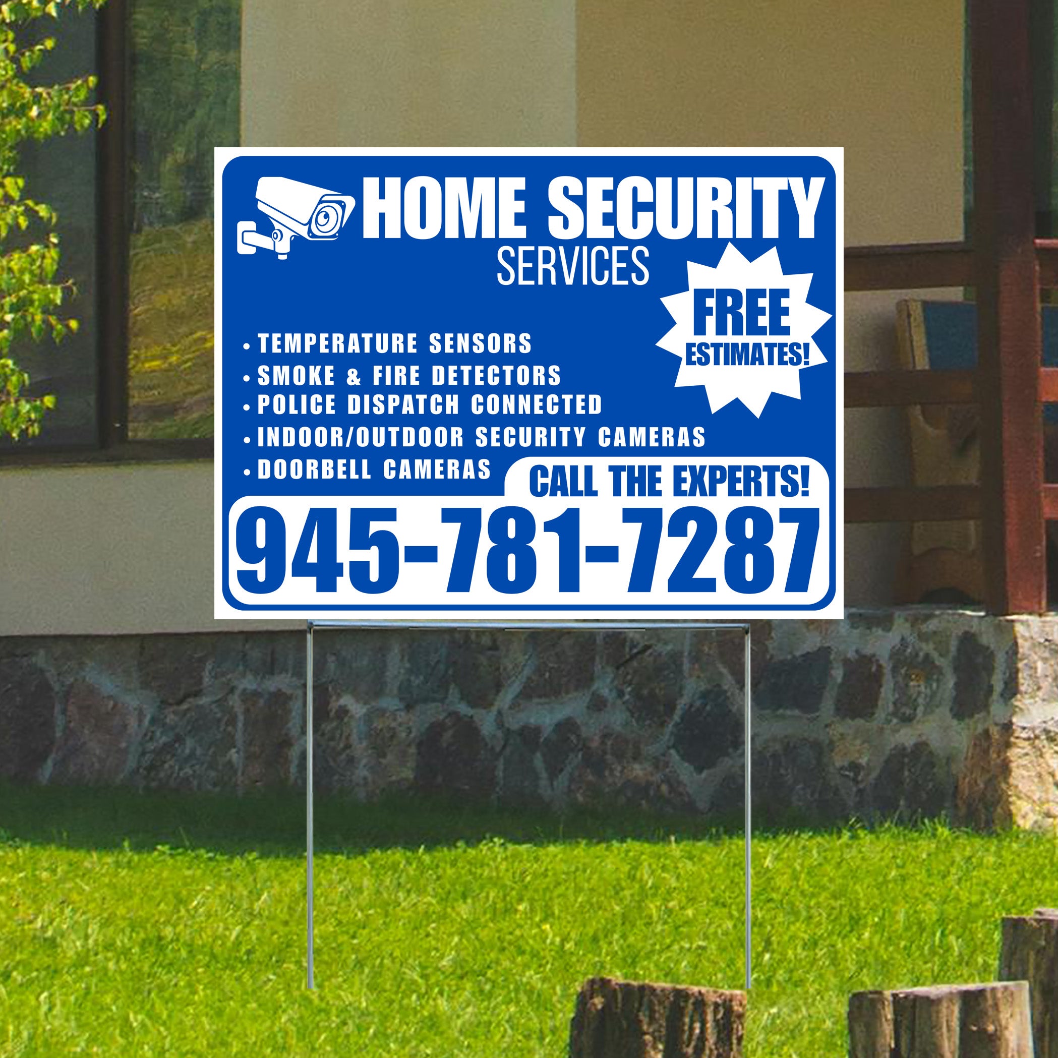 Home Security Services - Temperature Sensors, Smoke & Fire Detectors, Police Dispatch Connected, Indoor/Outdoor Security Cameras, Doorbell Cameras - Free Estimates - Plain Blue White Design - YardSigns.com