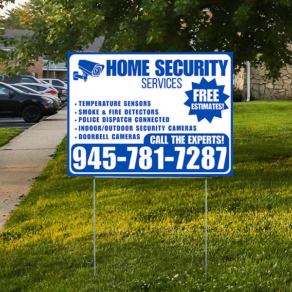 Home Security Services - Temperature Sensors, Smoke & Fire Detectors, Police Dispatch Connected, Indoor/Outdoor Security Cameras, Doorbell Cameras - Free Estimates - Plain White Blue Design - YardSigns.com