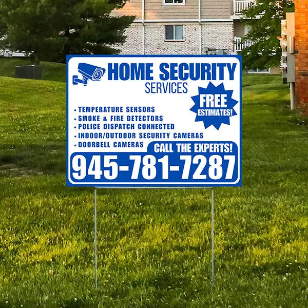 Home Security Services - Temperature Sensors, Smoke & Fire Detectors, Police Dispatch Connected, Indoor/Outdoor Security Cameras, Doorbell Cameras - Free Estimates - Plain White Blue Design - YardSigns.com