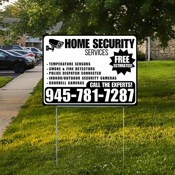 Home Security Services - Temperature Sensors, Smoke & Fire Detectors, Police Dispatch Connected, Indoor/Outdoor Security Cameras, Doorbell Cameras - Free Estimates - Plain White Black Design - YardSigns.com